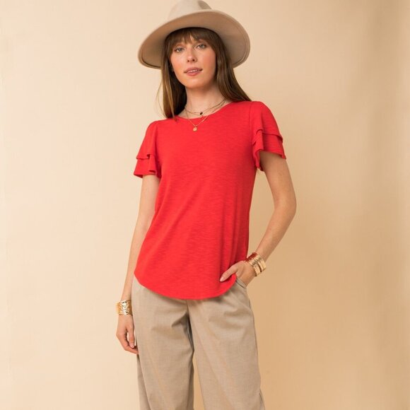 GILLI Red Flutter Sleeve Top – Short Sleeve Layered Ruffle Detail - Picture 3 of 5